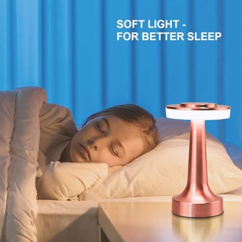 Image of One94Store Rechargeable LED Table Lamp with Touch Control, 3-Level Brightness, Retro Rose Gold Metal Design, Perfect for Bedside, Nursery, Home & Cafe Decor