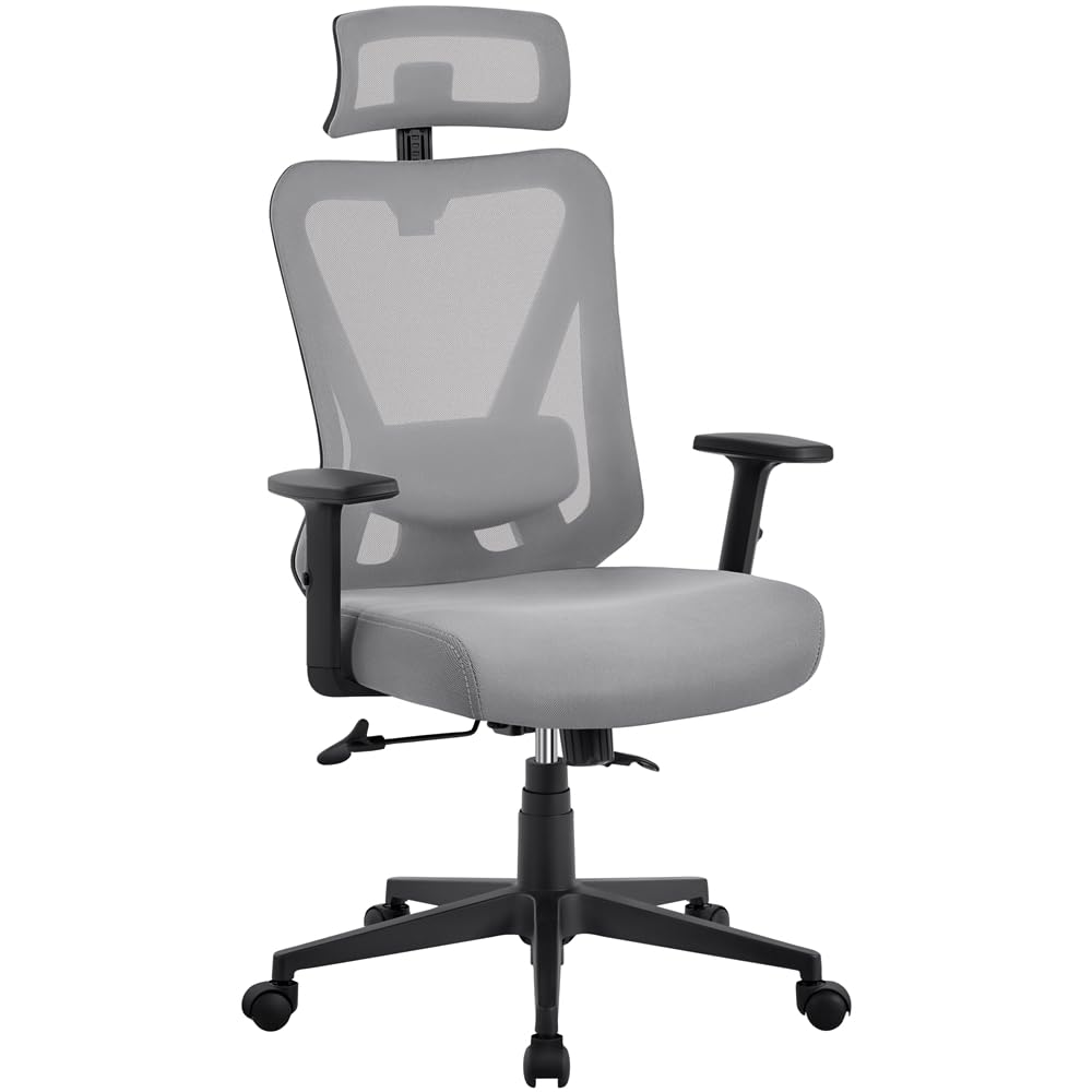 Yaheetech Silla de Oficina Ergonomica Silla Reposabrazo Reposacabeza Ajustable Silla de Trabajo Despacho Silla Escritorio Silla Gris Silla Inclinable con Bloqueo