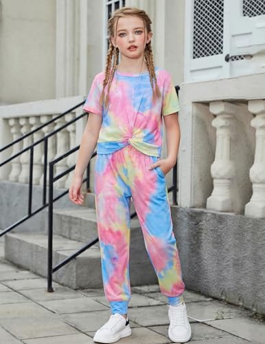 Image of Arshiner Girls Clothing Sets Tie Dye Twist Front Tops & Sweatpants Outfits Sportwear Sweatsuits Tracksuits 4-13 Year