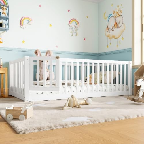 Bellemave Twin Size Kids Floor Bed with Safety Guardrails & Door, Woode Montessori Floor Bed Frame, Kids Twin Bed Frame for Girls Boys, White