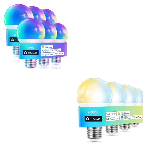 Linkind Matter Color Changing Samrt Bulb 6 Pack Bundle with Matter Tunable White Smart Light Bulbs 4 Pack, Work with Apple Home, Siri, Alexa, Google Home