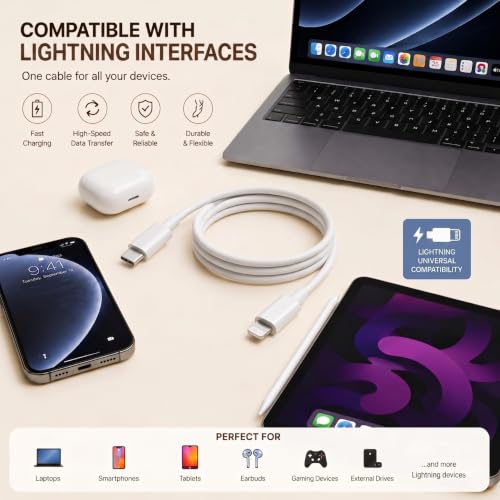 Image of USB Type C to Lightening Cable, MFi Certified, 27W Fast Charging & 480Mbps Data Sync, 1M White Charging Cable Compatible with iPhone 14 /13 /12 /11 /X /8 Series, iPad & AirPod (Free Cable Protector)