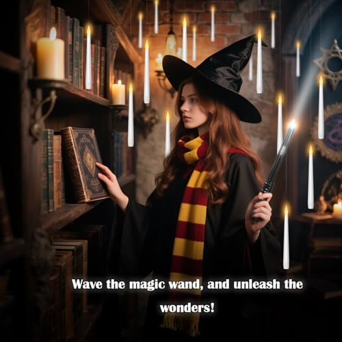 Image of kakoya Flameless Floating Candles with Wand,36 Pcs Magic LED Hanging Taper Candles,Flickering Battery Operated Taper Candle with Wand Remote for Halloween Decorations Best Gift(White)