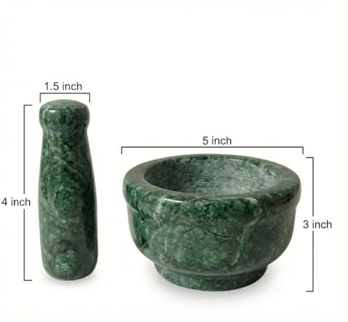 Image of Premium White Marble Mortar and Pestle Set (Okhli /Masher) | Solid Stone Grinding Bowl for Spices, Herbs, Garlic, and Masala | Natural, Heavy, Non-Porous Kitchen Tool (Green, 5 Inch)