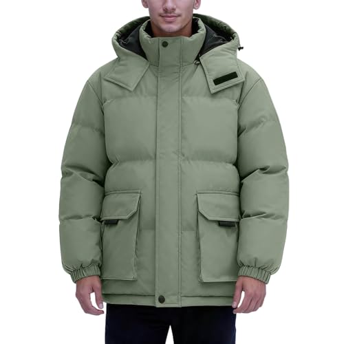 Genérico Parka Hombre Invierno Montaña Abrigo con Capucha Polar Bolsillos Cargo Streetwear Ropa Hombre Moda Invierno Chaqueta Forro Grueso Algodón Suave para Montañismo Trabajo Y Nieve, verde, L