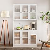WHDQPX Kitchen Pantry Cabinet, Glass Door Cupboard 69.7' Freestanding Multifunctional Kitchen Pantry Cabinet, Storage Cabinet with 6 Doors, 4 Shelves and 1 Drawer Open Storage Shelf, White