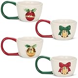 KooK Christmas Mugs, Ceramic Holiday Coffee Cups with Large Decorative Handles, Christmas Bell & Ornament Designs, Gift-Ready, 10 oz, Dishwasher Safe, Set of 4
