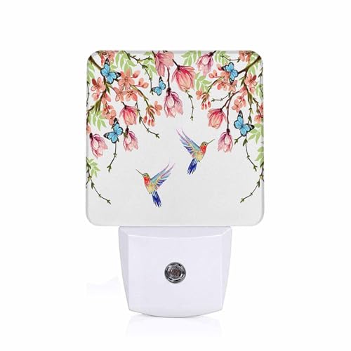 Image of LED Night Light,Summer Hummingbird Butterfly Floral Pattern LED Night Light Plug into Wall with Dusk to Dawn Light Sensor White Energy Efficient Nightlight for Bedroom Hallway Kitchen
