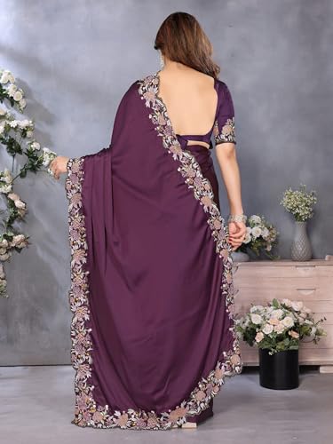 Image of Pandadi Saree Women's Satin Embroidery Work Saree With Unstitched Blouse Piece