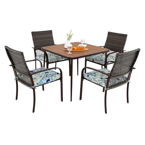 LIFEZEAL Table de Jardin avec 4 Chaises & 4 Coussins, Table Extérieur avec Trou de Parasol, Ensemble Mobilier de Terrasse en Rotin PE, Piscine, Balcon, Patio,...