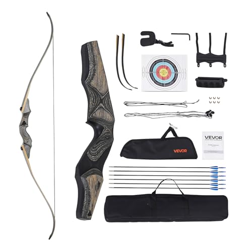 VEVOR Kit de Arco y Flechas Recurvos, Madera, Arco Recurvo Ergonómico para Diestros, para Entrenamiento de Tiro al Aire Libre, Práctica de Caza, de Principiante a Avanzado, Peso de Tiro 20,41 kg