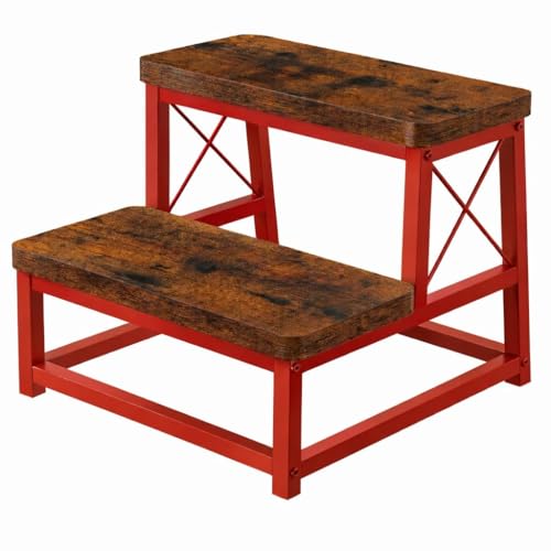 Image of 82984 Heavy Duty Wooden Step Stool for Adults, 2 Tier Heavy Duty Step Stool for High Bed with Non-Slip Feet, Using for Bedroom, Living Room, Bathroom and Kitchen (Red)