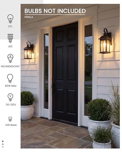 Image of FEMILA Exterior Wall Sconce, 2 Packs Outdoor Waterproof Wall Lights Fixture, E26 Socket Wall Lantern for Porch, Anti-Rust Matte Black Finish with Seeded Glass Lampshade, 4FD54B-2PK BK
