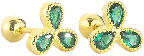 IzpackGreen Crystal Tiny Flower Sleeper Stud Earrings Sterling Silver 925 for Women Girls 18G Cubic Zirconia Cartilage Daith Tragus Helix Earring Ear Piercing Statement Studs Screw Back Cute Jewelry