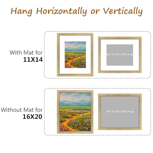 Image of Golden State Art,16x20 Ornate Picture Frame Holds 11x14 Photo,Vintage Gold | Includes plexiglass front,white mat,build-in hangers and buttons.Displays 11x14 photo on wall