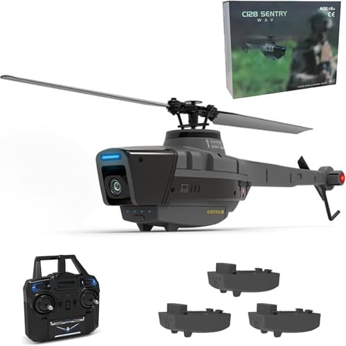 KJGVCENK C128 RC Helicóptero Modelo con Cámara 1080P, 2.4G RC 4CH 6-Axis Gyro Scout Drone Aéreo Militar Avión Helicóptero Juguete con para Principiantes Adultos - RTF