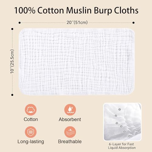 8 Pack Muslin Burp Cloths for Baby, 100% Cotton Burping Cloths for Boys Girls Large 20''X10'', Extra Soft and Absorbent2