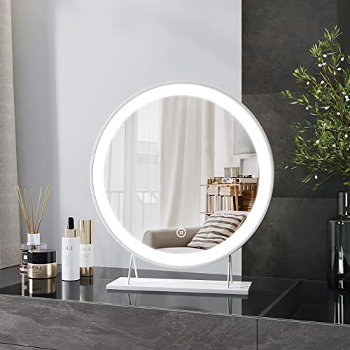 Heilmetz Miroir Maquillage Lumineux 40cm Rond Blanc, Table Miroir Lumineux 3 Couleurs de Lumière Blanc Chaud/Blanc Neutre/Blanc Froid Dimmable avec Interrupteur Tactile