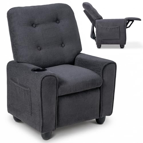 INFANS Kids Recliner, Toddler Lounge Chair with Adjustable Backrest Footrest Cup Holder Side Pockets, PU Leather Toddler Couch (Velvet, Grey)