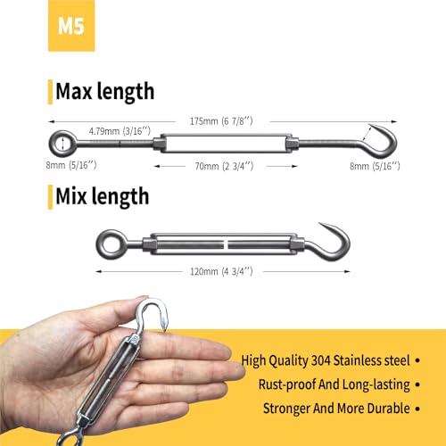 Kit de Cable para Colgar Luces Exterior 165 pies con 5 Tensores Extra - Sistema Completo DIY, Cable de Acero Inoxidable 304 y Tensores Resistentes miniatura 4