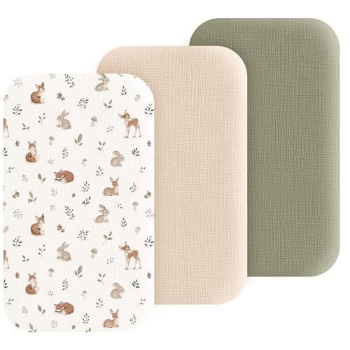 Image of 3 Pack Muslin Bassinet Fitted Sheets for Bedside Sleepers | Soft Cotton Baby Sheet Set Compatible with Baby Delight for Boys and Girls, Dream On Me, AMKE and Other Rectangle Mattresses