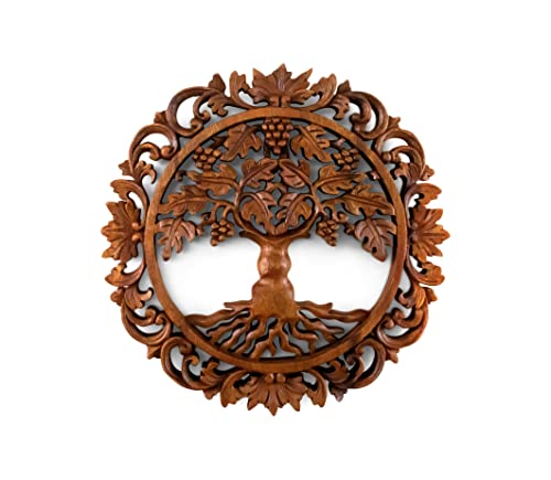 G6 Collection 12 Wooden Hand Carved Tree of Life Wall Art Relief Panel Handcrafted Wall Plaque Gift Home Decor Accent Handmade Wood Decoration Rustic Artwork Floral (Grapevine)