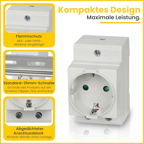 Offgridtec Schuko Steckdose für Hutschiene 16A 230V 2P+E - Einbausteckdose für Verteilereinbau, Schaltschrank Zählerschrank Schutzkontaktsteckdose für 35mm DIN Trägerschienenmontage (Grau)