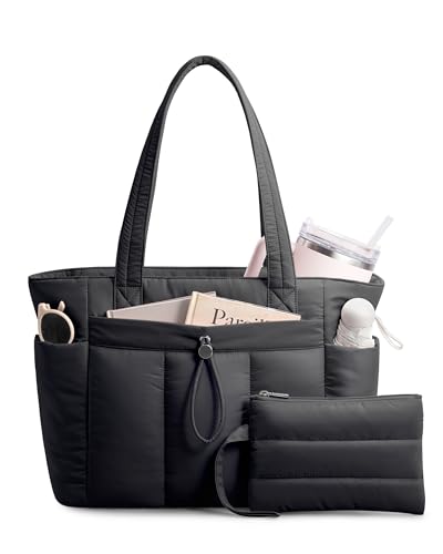 TOPDesign Puffy Tote Bag for Women with Cup Holder & Laptop Compartment & Cosmetic Bag & Trolley Sleeve for Work, Travel (M Black)