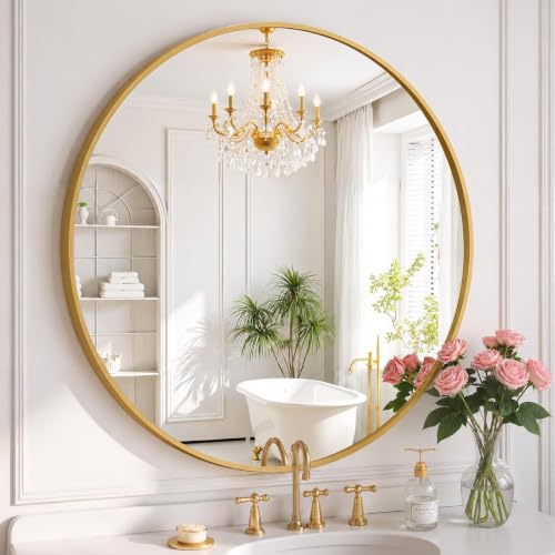 Image of Simple Deluxe 28 Inch Round Bathroom Mirror, Black Vanity Mirror with Metal Frame, Modern Circle for Bathroom, Entryway, Bedroom, Living Room, Wall Mounted Decorative Mirrors (Gold)