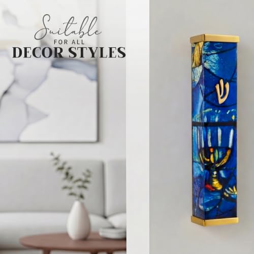 Image of SURI Mezuzah with Scroll for Door | 5 Inch Modern Aluminum Mezuzah Case | Fits 4 Inch Scroll | Gold & Silver Chagall-Inspired Design | Self Adhesive Easy Install | Judaica Jewish Gift