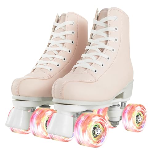 Patins femininos de cano alto para meninas com rodas iluminadas, couro sintético clássico de duas fileiras para mulheres e homens, uso interno e externo, para iniciantes, rosa e branco, 41