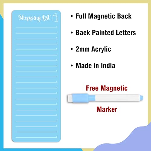 Image of Clickedin Magnetic Shopping List Grocery Fridge Magnet, 10x24 cm Acrylic Board with Marker (Cyan Blue)