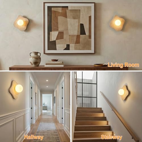 Image of Round Alabaster Wall Sconce, Modern Bathroom Light Fixture with Natural Marble Shade for Bedroom, Hallway, Stairs (Hardwired)