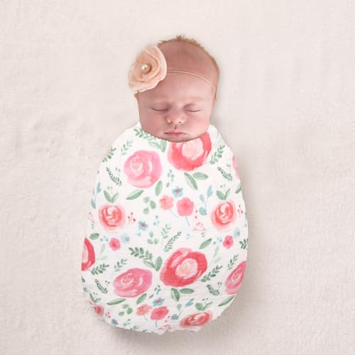 Image of david's kids 4 Pack Baby Muslin Swaddle Blankets, 100% Cotton and Ultra Soft Breathable Receiving Blanket Wrap for Girls, New Born Essentials, Large 47 x 47 inches, Floral Flowers /Pink