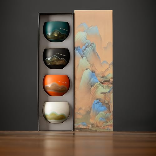 RecontraMago Set de 4 Tazas de Cerámica Artesanal, Diseño Oriental Japonés, Pintadas a Mano, 110ml, con Caja Regalo de Lujo para Té Matcha, Café y Sake (SET 4) RecontraMago Set de 4 Tazas de Cerámica Artesanal, Diseño Oriental Japonés, Pintadas a Mano, 110ml, con Caja Regalo de Lujo para Té Matcha, Café y Sake (SET 4)