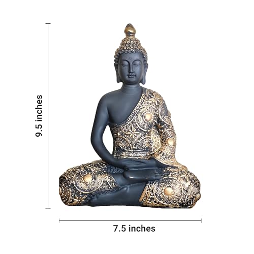 Image of YASHONIDHI Sitting Buddha Statue for Home and Office Decor, Resin, Black and Gold, Height: 24 cm, Showpiece