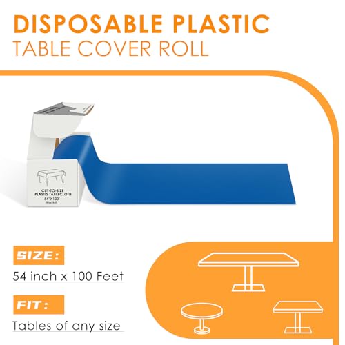 Image of tujol Blue Disposable Plastic Table Cloth Roll 54 inch X 100', Plastic Table Cover with Cutter Box, Cut to Size Disposable Tablecloth for Parties