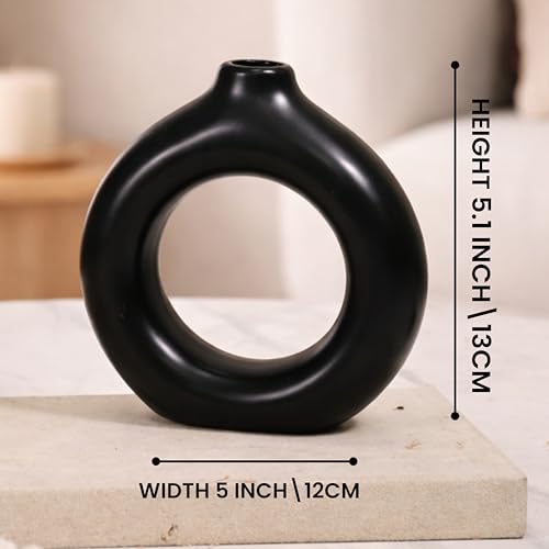 Image of Modern Matte Black Ceramic Donut Vase - Minimalist Hollow Round Flower Vase for Home Decor, Living Room, Bedroom & Office Accent, 5x5.1 Inch