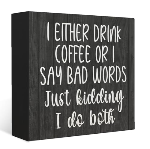 Mtrgdn Coffee Bar Decor - Funny Wooden Box Sign, 'I Either Drink Coffee or I Say Bad Words', Black