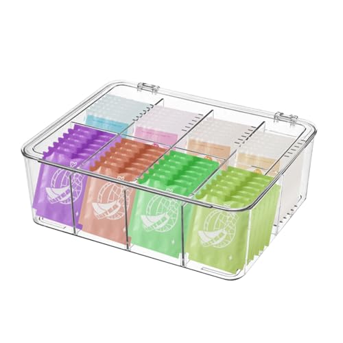 UgyDuky - UgyDuky Acrylic Tea Bag Organizer with Hinge Lid Clear Clear Plastic Tea Bag Organizer Divided Tea Bag Container Box Holder for Tea Bags, Coffee Pods, Sugar/Seasoning Packets (8 Sections)