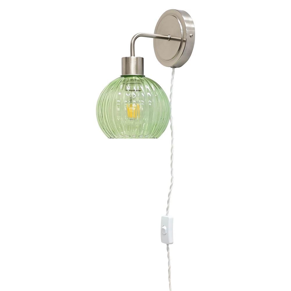 Firstchoicelighting Satin Nickel & Green Satin Nickel Plug In Wall Light Or Bedside Reading Lamp With Green Ribbed Glass Shade