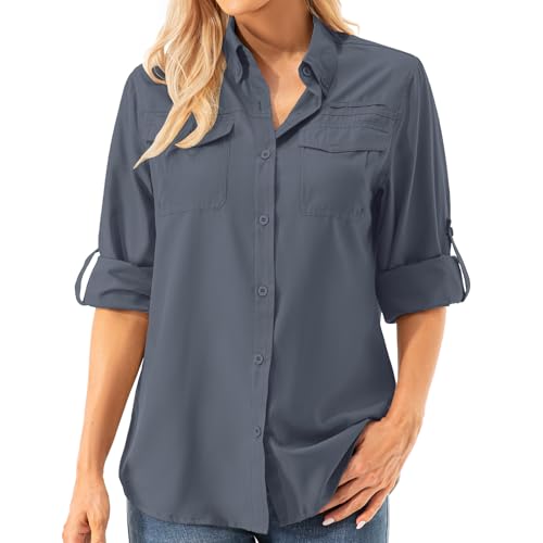 Womens UPF 50+ UV Sun Protection Safari Shirts Long Sleeve Outdoor Cool Quick Dry Fishing Hiking Gardening Shirts (5072 Dark Grey S)