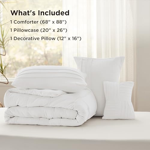 Image of Bedsure White Twin Comforter Set - 3 Pieces Pinch Pleat Bed Set, Down Alternative Bedding Sets for All Season, 1 Comforter, 1 Pillowcase, 1 Decorative Pillow