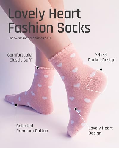 CUTIE MANGO 5 Pairs Heart Pattern Crew Socks For Women - Cute Cotton Womens Socks for Size 6,7,8,9,103