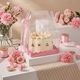 Novabright 15 Pcs Clear Cake Boxes 6 x 6 x 8 Inch Valentines Clear Gift Boxes with Pink Ribbon Small Transparent Cake Containers for Desserts, Cookies Gift Box for Valentines, Birthday, Wedding, Party
