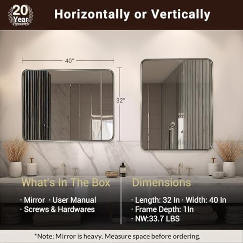 Image of ANDY STAR 40x32 Inch Brushed Nickel Bathroom Mirror, Rounded Rectangle Bathroom Vanity Mirrors for Wall, Anti-Rust SUS304, Seamless Tube Metal Frame, 1'' Deep Wall Mounted Vertically /Horizontal