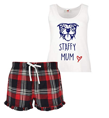 60 Second Makeover Limited Staffy Maman Femmes Écossais à Volants Court Pyjama Ensemble Staffordshire Bull Terrier Rouge Bleu ou Vert Bleu - Rouge, Large (UK 14)