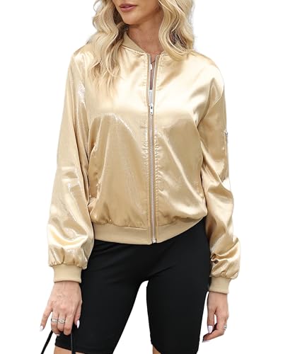 Argstar Womens Bomber Jacket Lightweight Casual Zip Up Outerwear Windbreaker with Pockets Gold XL