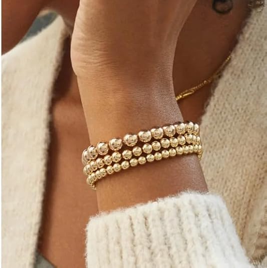 Elegance 11 designs 14K Gold Plated Bead Ball Bracelet Stretchable Elastic Gold Beaded Bracelets for Women