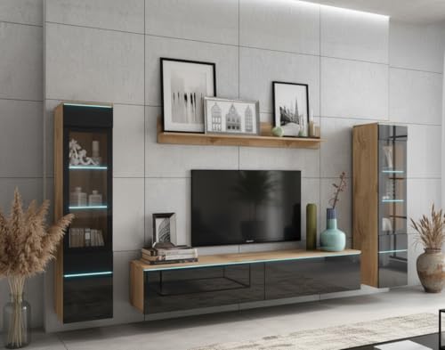 MINIO go for it - Wohnwand 4-Teilig Set Veve 2 I Hängend oder Stehend I 2X Hochschrank-Vitrine I Lowboard I Wandboard I Laminierte Spannplatte I Wotan Eiche und Schwarz Gloss - ohne Beleuchtung